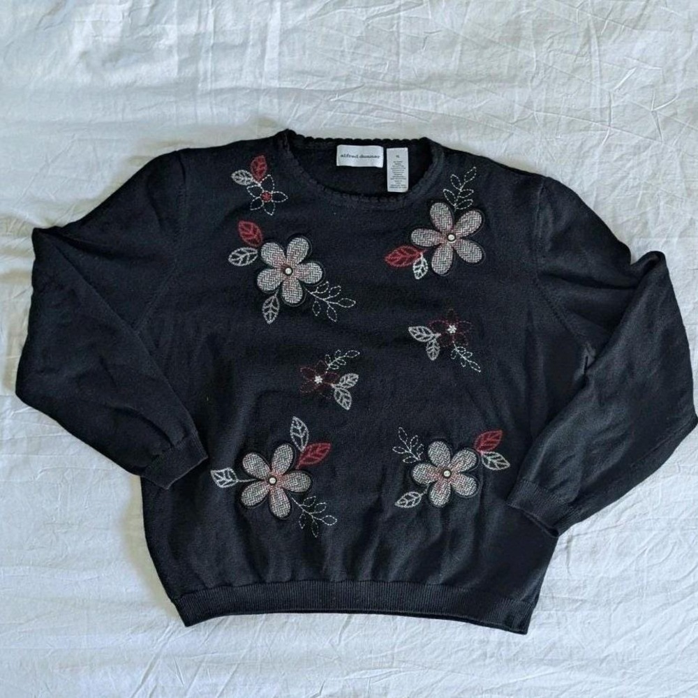 Vtg Sweater Black Herringbone Floral Embroidered XL Grandmacore Cottagecore